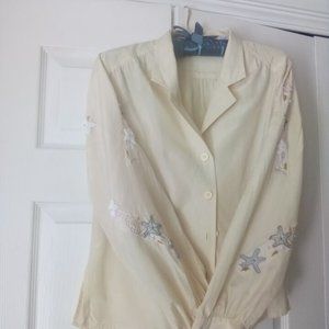Vintage Capriccio silk / cotton blouse w embroidery & beading on sleeves
